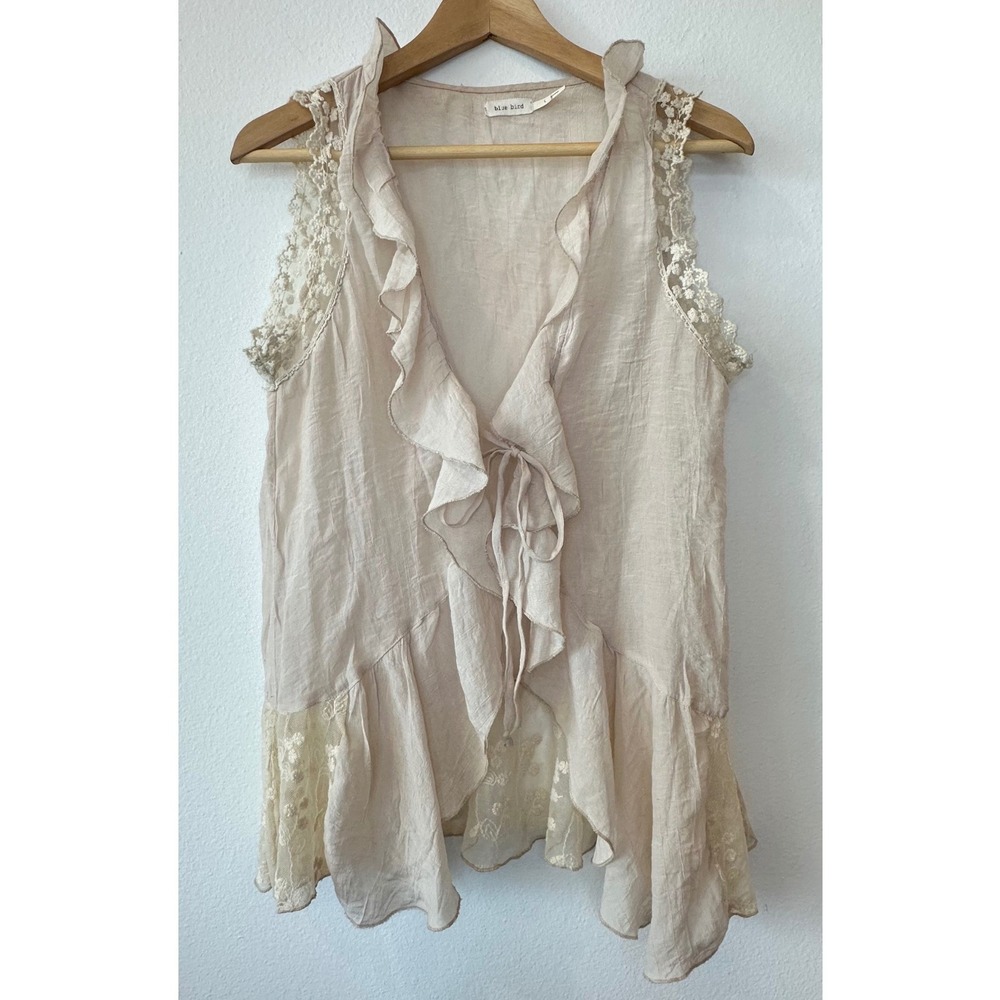 Blue Bird Womens L Boho Ruffle Lace Vest Tunic Lagenlook Cottagecore